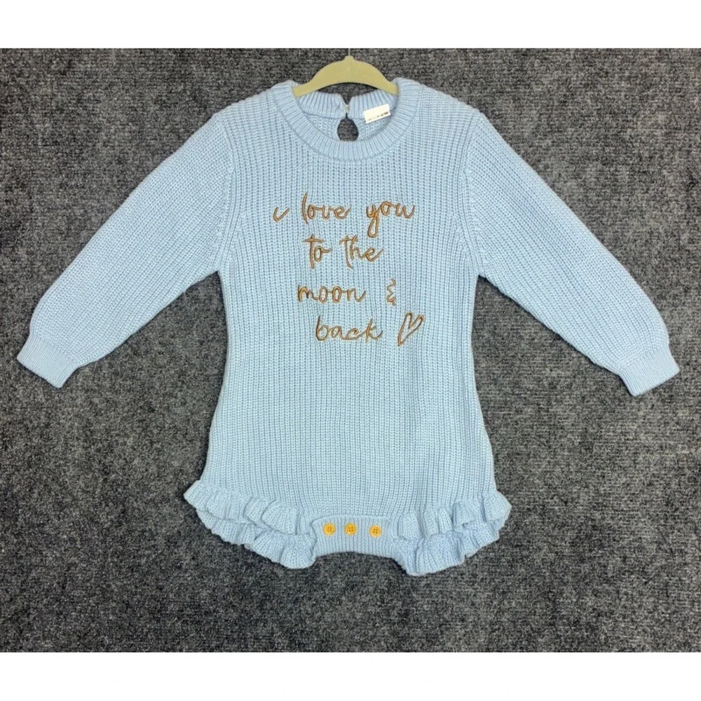 Baby Girl Knit Sweater Romper Light‎ Blue 9-12M I Love You To The Moon Cottage